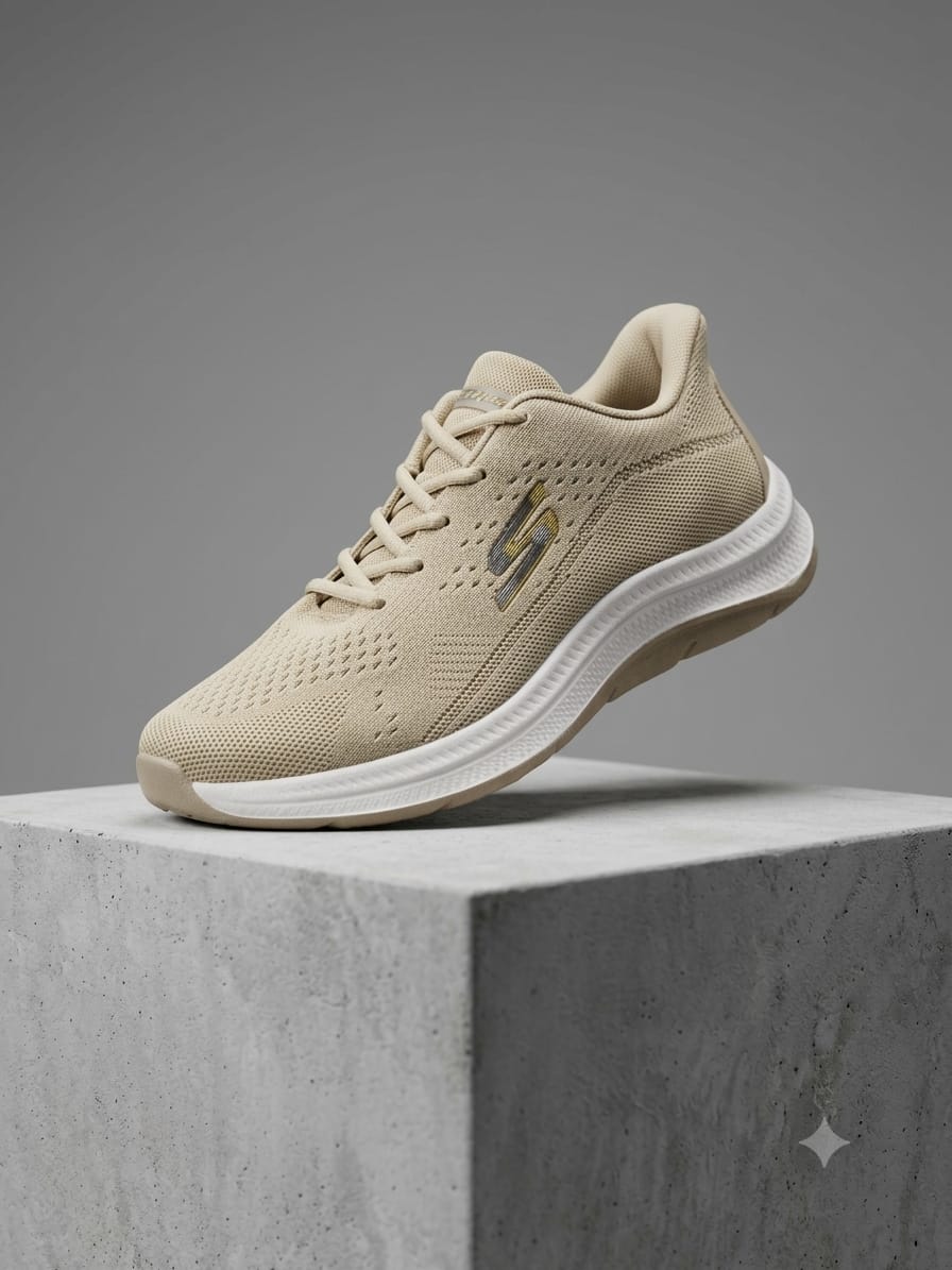 Beige Knit Lace-Up Running Sneakers
