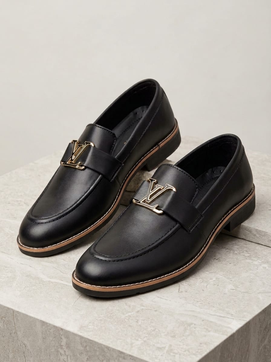 Black Leather Loafer with Gold Monogram - Main