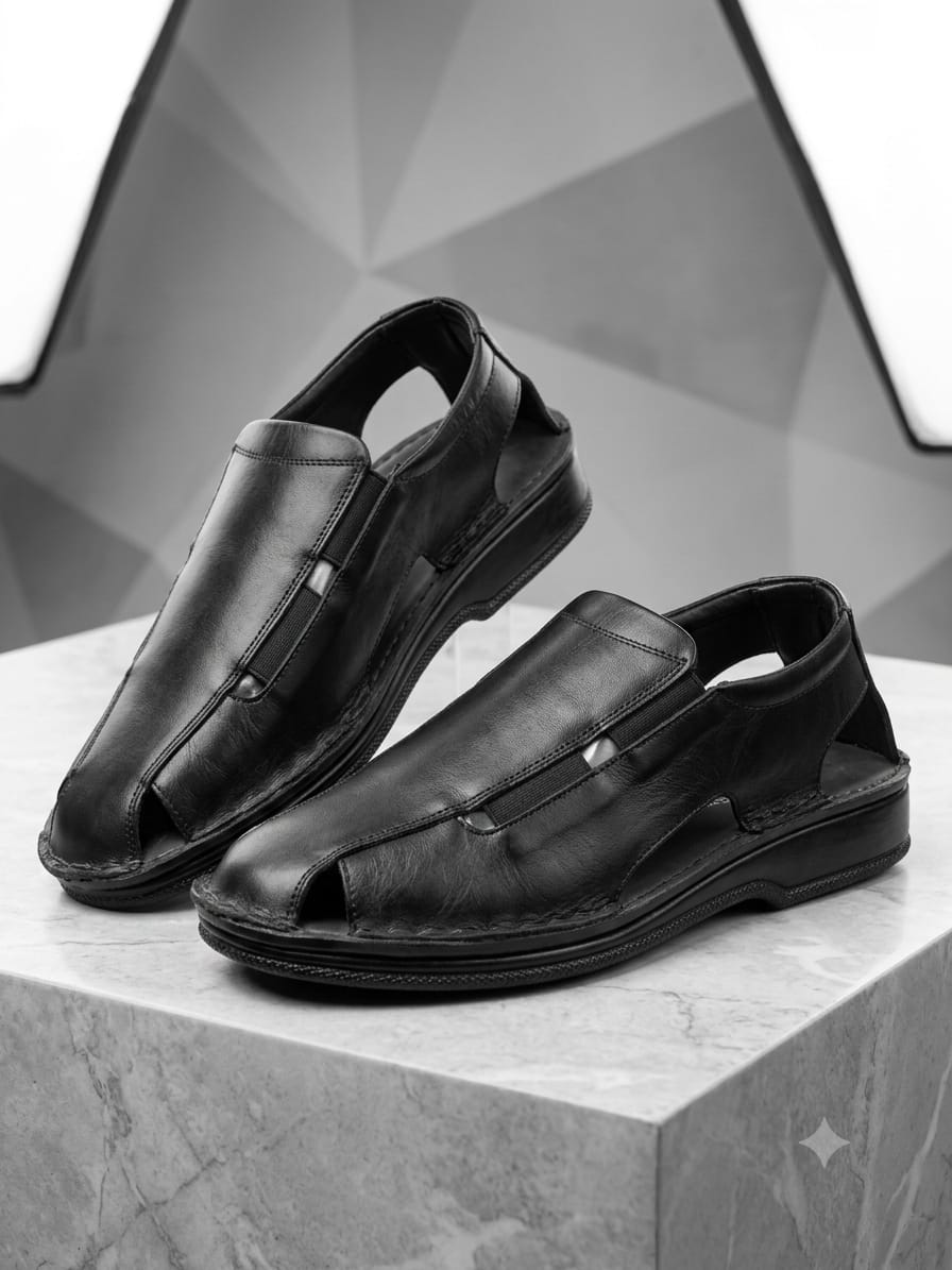 Black Leather Peshawari Chappal