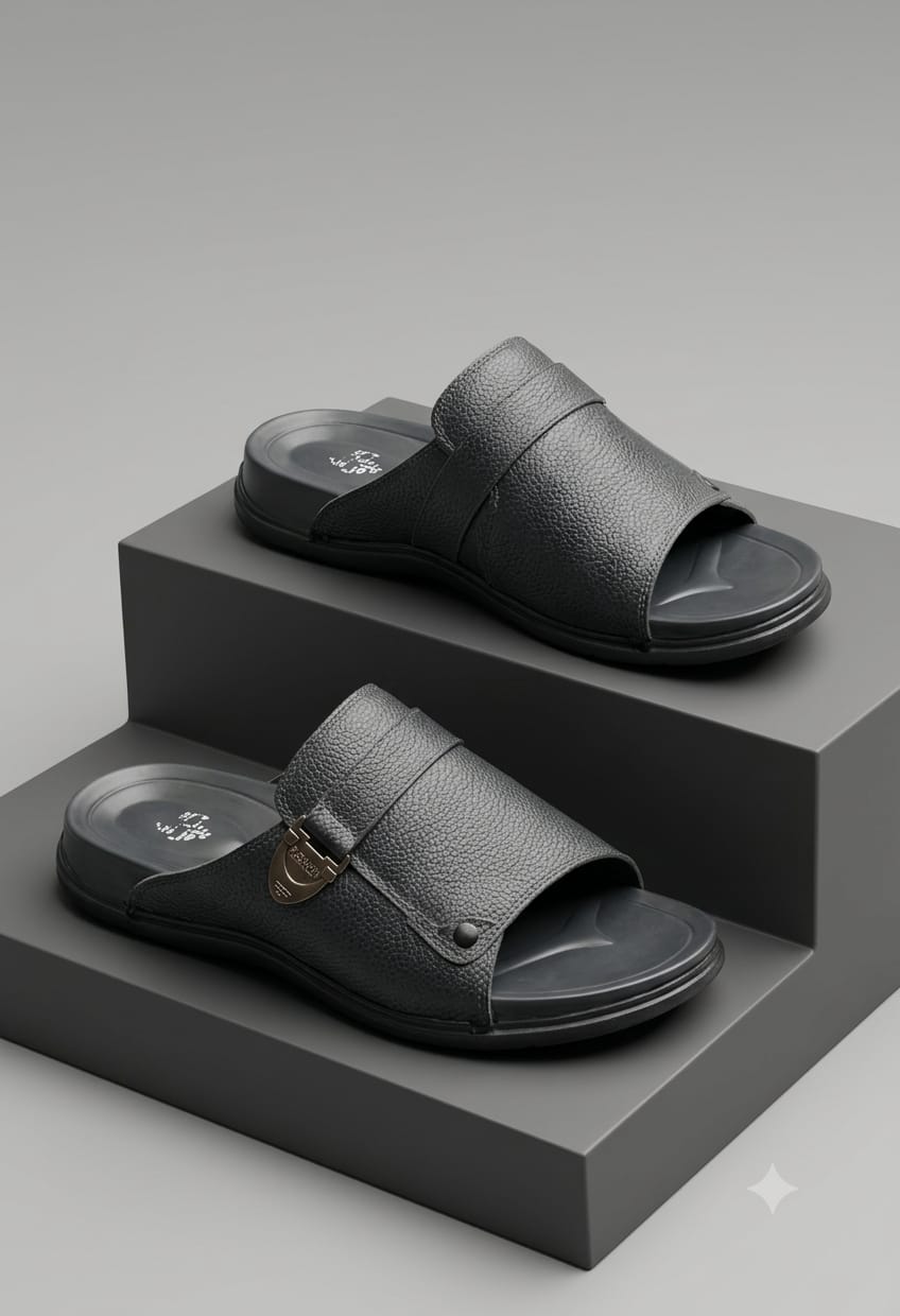 Black Pebbled Leather Slippers with Gold Buckle