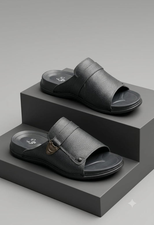 Black Pebbled Leather Slippers with Gold Buckle