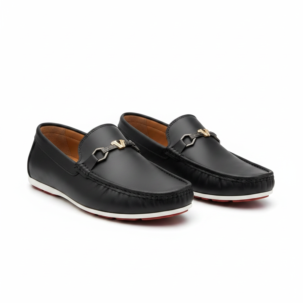 Black V-Buckle Loafer Front